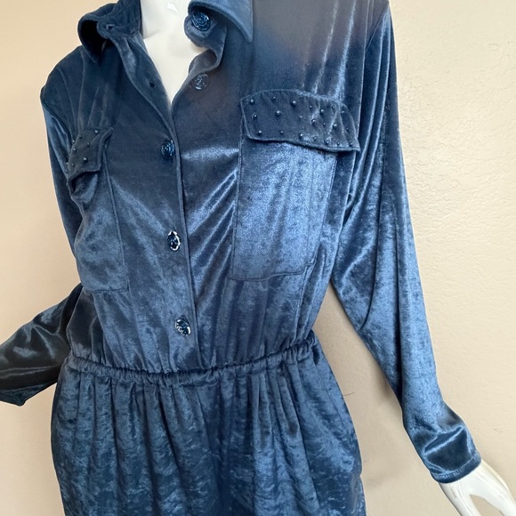 VTG Lacy Afternoon by Shell Kepler Blue Velvet Jumpsuit with Matching Headband - Picture 4 of 12